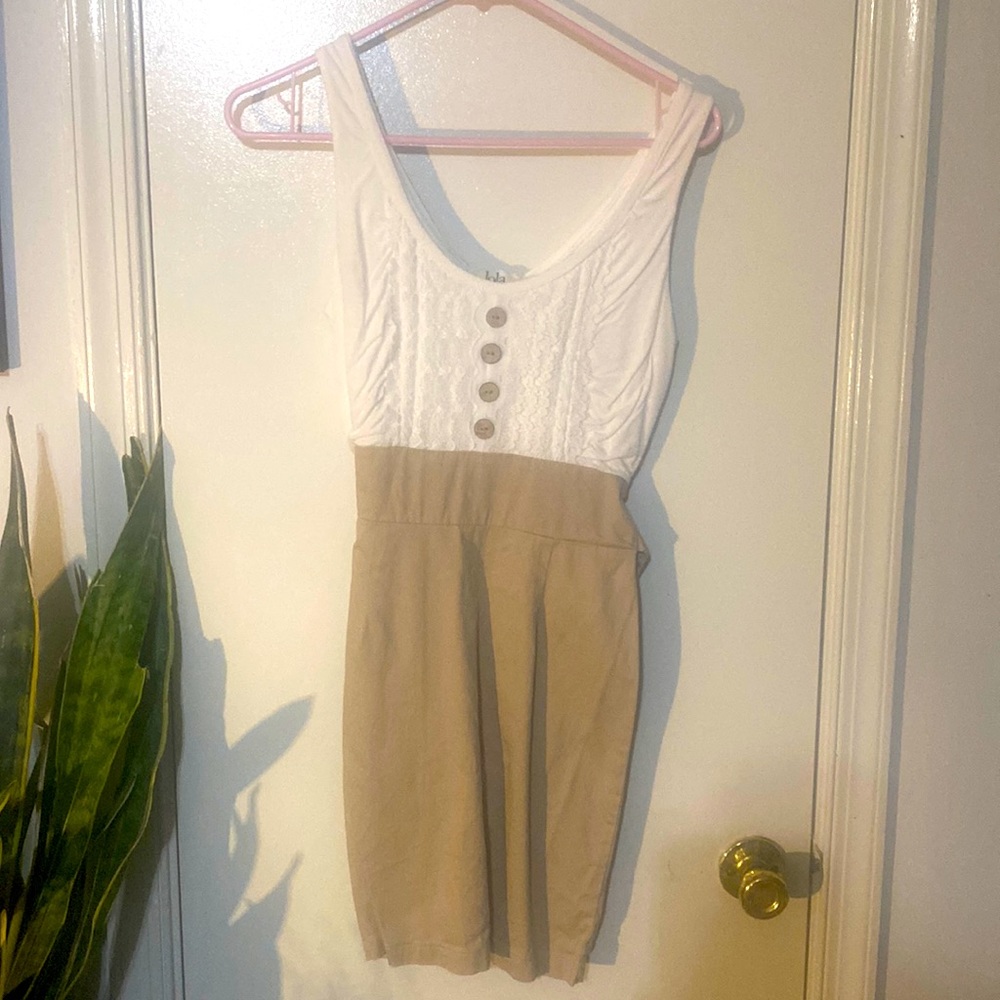 Lola brand sleeveless mini dress with button and lace detail